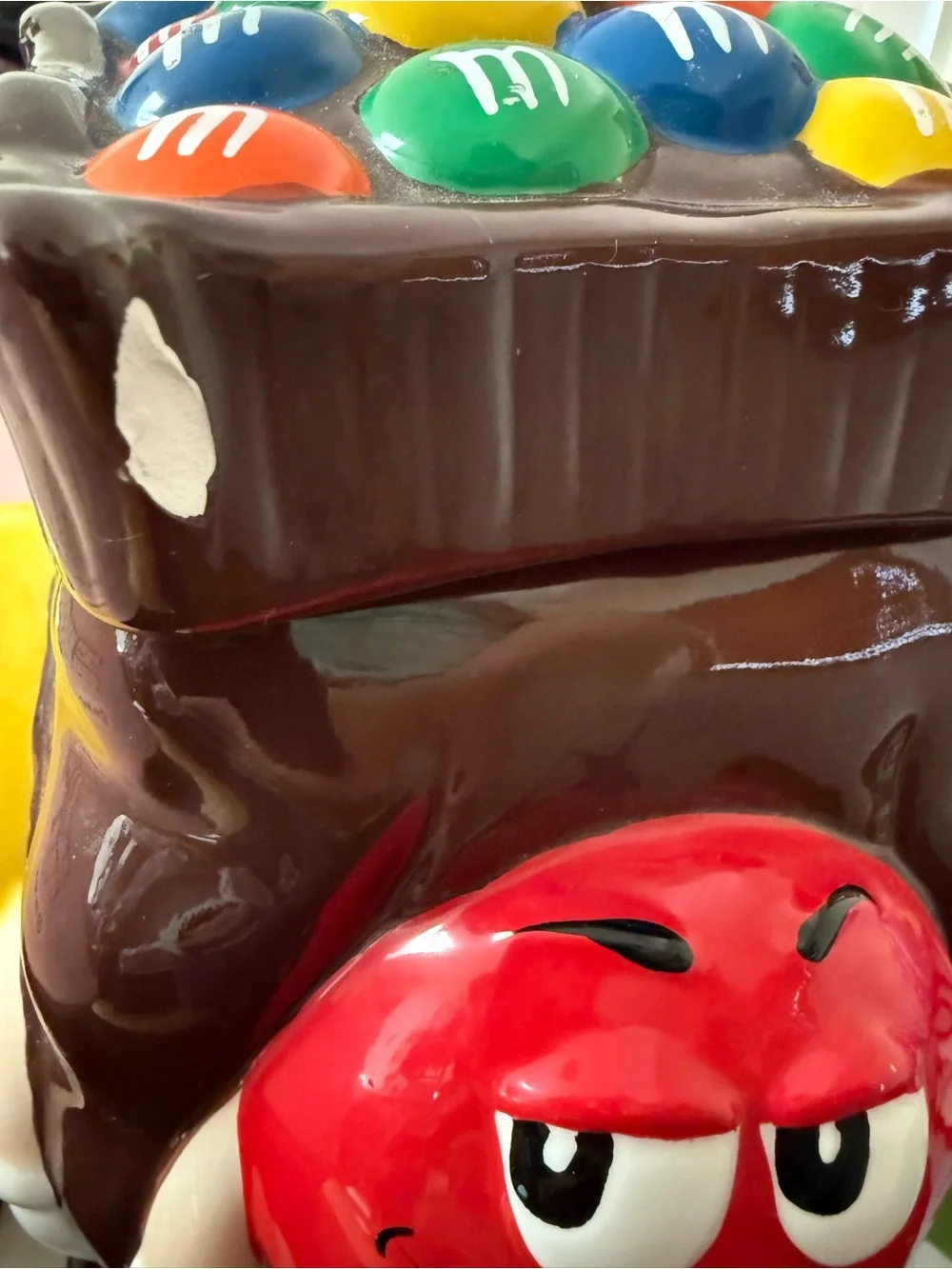 M&M'S Ceramic Cookie Jar with Red and Yellow Characters and Multicolor Candy Top